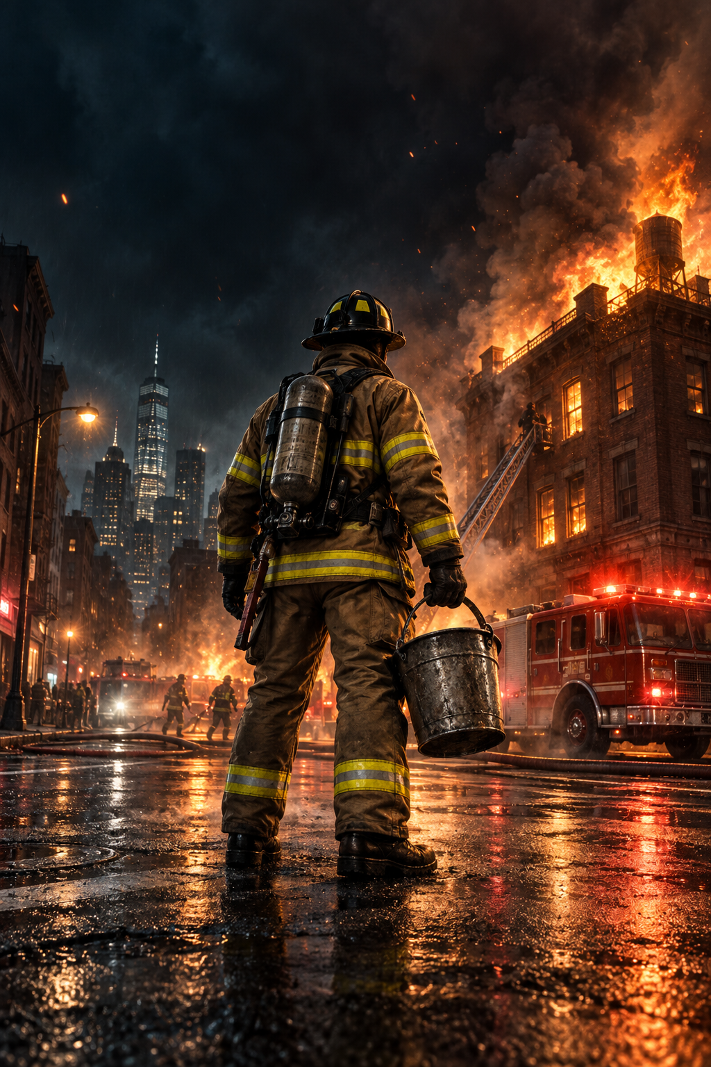 Bucket Battalion key artwork showing a firefighter and bucket on a burning city street.